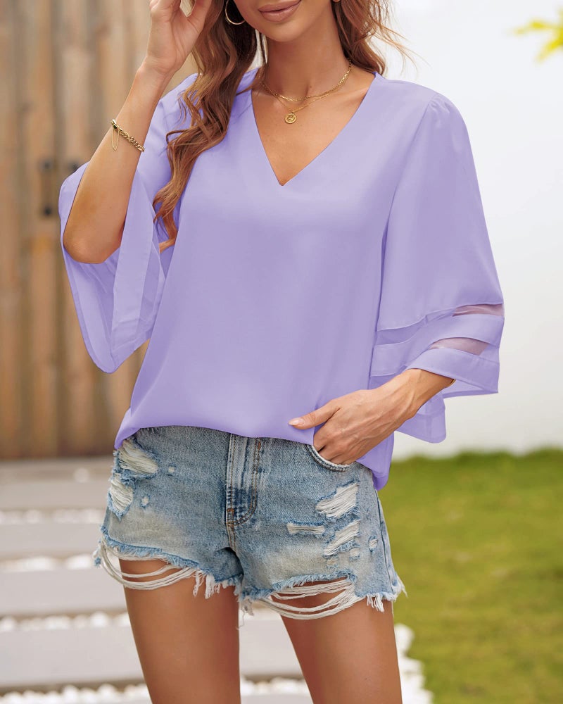 LookbookStore Women Vneck Mesh Panel Light Purple T Shirts for Women V Neck Casual V Neck 3/4 Flared Bell Sleeve Blouse Loose Business Work Blouse and Tops Size Large - Image 4